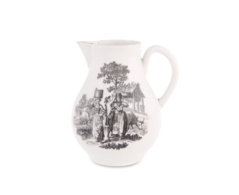 A WORCESTER SPARROW-BEAK JUG, CIRCA 1765, transfer-printed by Robert Hancock with rural prints after Robert Sayer. 11.5cm hig