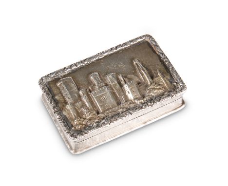 A GEORGE VI SILVER CASTLE-TOP SNUFF BOX,&nbsp;by A. Wilcox, Birmingham 1937, with engine-turned sides and base, the hinged co