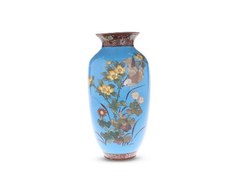A JAPANESE CLOISONNE ENAMEL VASE, MEIJI PERIOD (1868-1912), of ovoid form, decorated with a bird flying amongst flowering bra