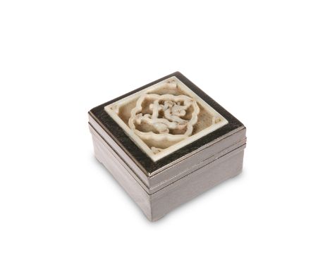 A CHINESE HARDWOOD BOX WITH JADE INSET COVER, square, the lift-off cover with inset pierced and carved jade panel depicting a