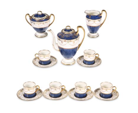 A 1930'S AYNSLEY COFFEE&nbsp;SERVICE, comprising coffee pot, cream jug, sucrier, six coffee cans and saucers, decorated with 