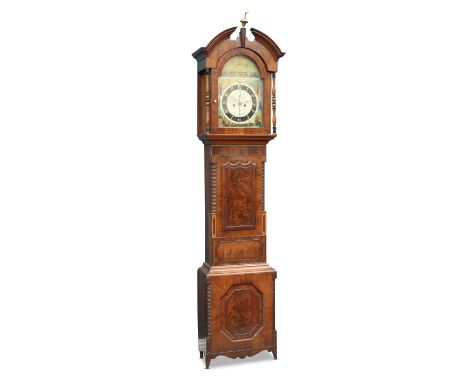 A WEST YORKSHIRE BRASS-INLAID MAHOGANY EIGHT-DAY LONGCASE CLOCK, SIGNED HELLIWELL, LEEDS, the 14 1/2-inch break-arch dial pai