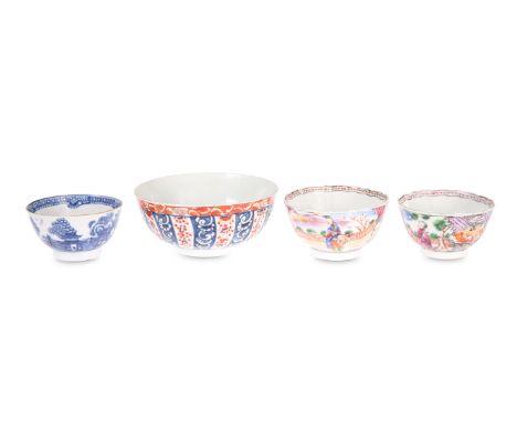 A WORCESTER "QUEEN CHARLOTTE" PATTERN SLOP BOWL, CIRCA 1780, circular, workman's mark; together with THREE 18TH CENTURY CHINE