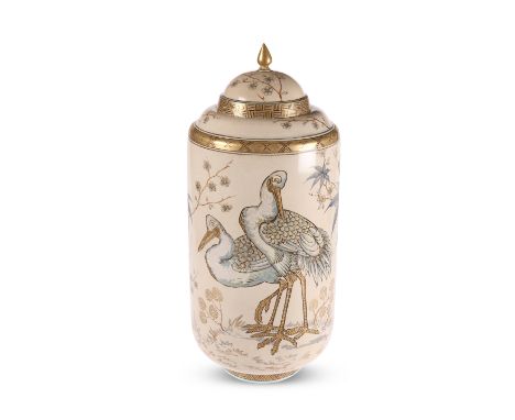 A LARGE AESTHETIC POTTERY JAR AND COVER, LATE 19TH CENTURY, the cylindrical jar with ogee shoulder and domed cover with point