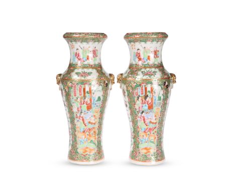 A PAIR OF CANTONESE FAMILLE ROSE VASES, 19TH CENTURY, of baluster form, typically enamel painted with cartouches of figures a