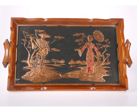 A CHINOISERIE TEAK AND COPPER TRAY, the glass topped centre decorated with cut-out and enamelled copper figures of a gentlema