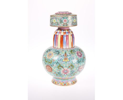 A CHINESE TIBETAN STYLE TEMPLE VASE, BENBAPING,&nbsp;enamelled with scrolling flowers and the Eight Buddhist Treasures on a t