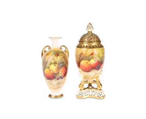 TWO ROYAL WORCESTER FRUIT PAINTED VASES, BY RICKETTS, the first a pot pourri, no. G 773, Awmack of Leeds retailer's label; th
