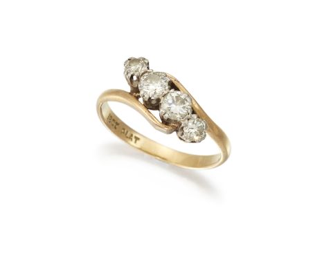 A FOUR-STONE DIAMOND RING, the crossover style mount set with graduating diamonds, stamped 18CT and PLAT.