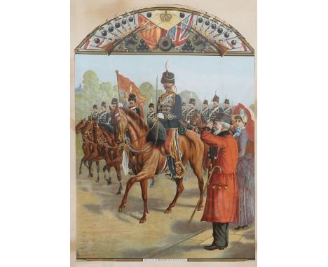 A FRAMED COLOURED "NOSTALGIA" PRINT OF THE 11TH HUSSARS, together with a hand-coloured print of Russian troops c.1812; a fram
