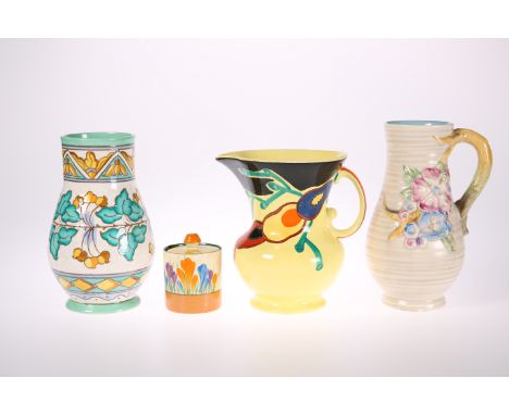 A SUSIE COOPER CROWN WORKS POTTERY JUG, CIRCA 1930'S, hand-painted stylised fruit; together with A CHARLOTTE RHEAD BURSLEY WA