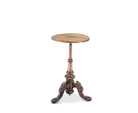 A 19TH CENTURY ROSEWOOD TRIPOD TABLE, the circular top raised on a baluster stem continuing to hipped downswept legs terminat