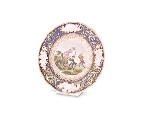 A NEW HALL 'DR SYNTAX' DESSERT PLATEcirca 1825Painted to pattern number 2623 with "Dr Syntax & the Bees" after Thomas Rowland