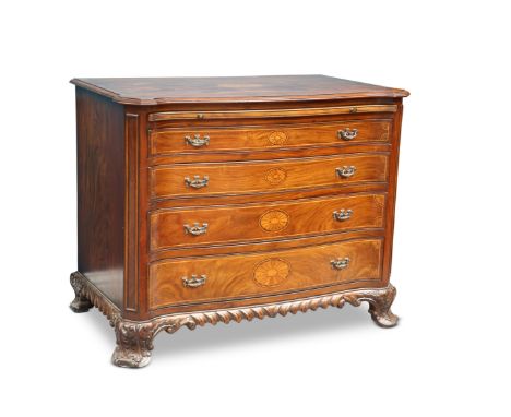 A HANDSOME GEORGE III STYLE TEAK SERPENTINE DRESSING COMMODE, the string-inlaid moulded top with canted corners and centred b