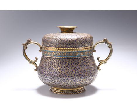 A LARGE INDIAN BRASS AND ENAMEL PORRINGER, 19TH CENTURY, of squat form with domed cover, C-scroll handles, picked out with bl