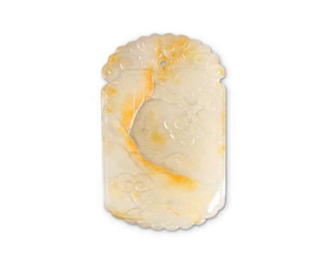 A CHINESE JADE PENDANT, decorated to the front in shallow relief with landscape with over-hanging prunus blossom, the reverse