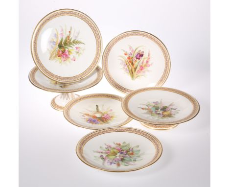 A ROYAL WORCESTER DESSERT SERVICE, CIRCA 1878, comprising high comport, low comport and four plates,&nbsp;painted with hollyh