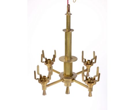 AN ART DECO GILT-BRASS FOUR-LIGHT CHANDELIER, with three-drawer faceted stem and four tubular branches. Length of drop 53.5cm