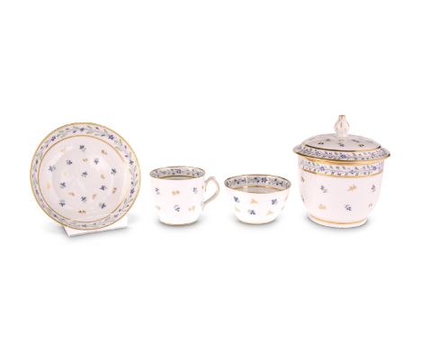 A SMALL GROUP OF NEW HALL, CIRCA 1785Comprising sucrier, cup, tea bowl and saucer, decorated to pattern number 161 with small