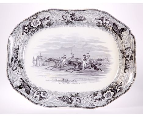 HORSE RACING INTEREST: A LARGE COPELAND &amp; GARRETT TRANSFER-PRINTED MEAT DISH, SECOND QUARTER OF 19TH CENTURY, printed wit