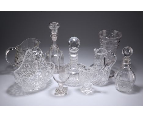 A GROUP OF GLASSIncluding Georgian decanter with bullseye stopper, celery vase with Greek Key engraving, late Georgian rummer