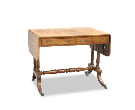 A REGENCY MAHOGANY SOFA TABLE, the string-inlaid drop-end top above a pair of frieze drawers to one side opposed by dummy dra