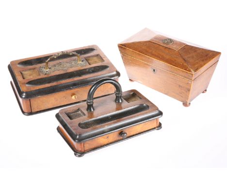 A 19TH CENTURY MAHOGANY TEA CADDY, of sarcophagus form, the hinged lid opening to reveal twin lidded compartments and cut-gla