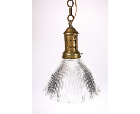 A DUTCH BRASS AND MOULDED GLASS HANGING LIGHT, CIRCA 1900, the brass mount with pierced decoration, the moulded shade of undu