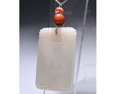 A CHINESE JADE PENDANT, decorated to the front in shallow relief with a scholar, to the reverse characters. 5.6cm by 3.8cm
