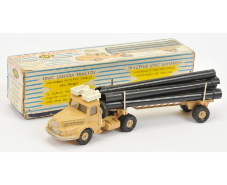 French Dinky Toys 893 Unic Sahara Tractor Pipe Carrier, beige cab, Trailer, convex and concave hubs with plastic pipe load, c