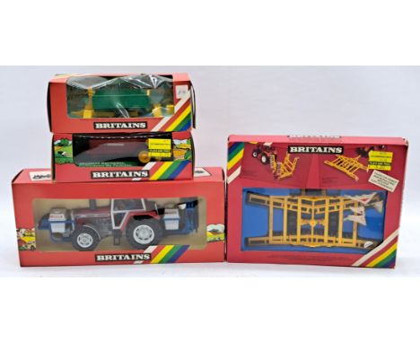 Britains Boxed Farm Related Group, to include 9615 Massey Ferguson Tractor &amp; Crop Spray, 9552 Folding Disc Harrow, and ot