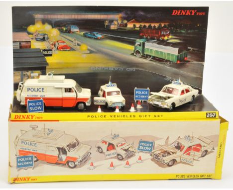 Dinky Toys No.297 Police Vehicles Gift Set, to include Ford Zodiac, Off white, red interior, cast hubs, roof box with light a