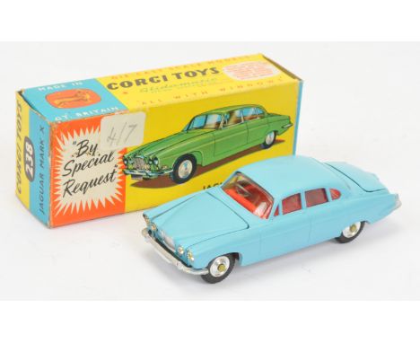 Corgi Toys 238 Jaguar Mark X, light blue, red interior, spun hubs, large suitcase only, condition appears to be Good Plus to 