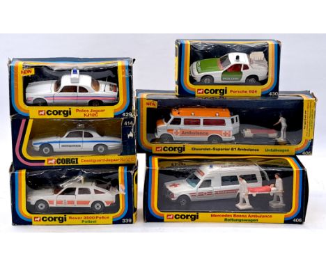 Corgi Toys Boxed Emergency Service Vehicle Group, to include 405 Chevrolet Superior 61 Ambulance, 406 Mercedes Bonna Ambulanc