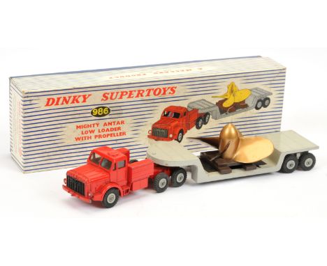 Dinky Toys 986 Mighty Antar Low Loader with Propeller, Red tractor unit with Blue driver figure, Black grille, Grey hubs, Gre