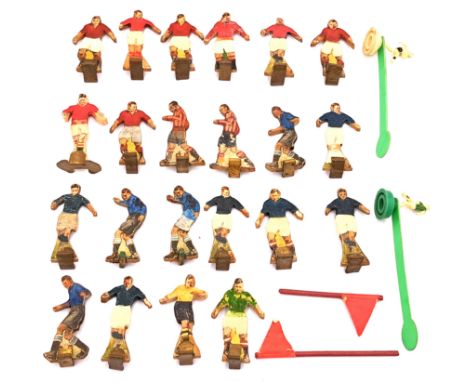 Quantity of vintage table top football player pieces, mostly wooden with metal base stands, Good. See photo.
