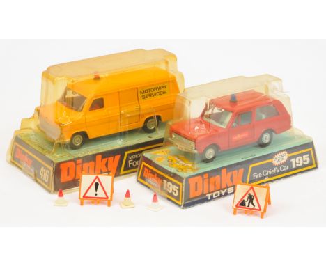 Dinky Toys Service Vehicle Pair, to include 195 Range Rover "Fire Chief's Car", red body, light blue interior, mid-blue solid