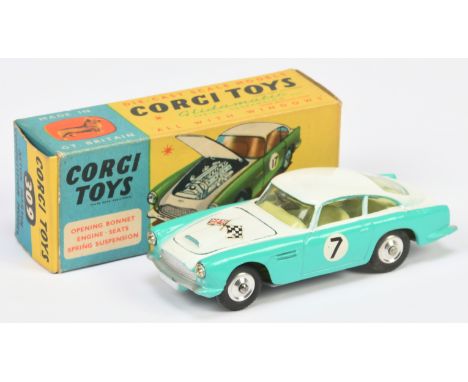Corgi 309 Aston Martin DB4 "Competition Model" - Two-Tone, White, Turquoise, Lemon Interior, silver trim, spun hubs, racing n