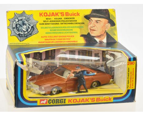 Corgi 290 Kojak Buick, Metallic brown, chrome trim and wheels, with figures, Missing Police badge, Good Plus to Excellent, wi