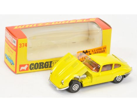Corgi Toys 374 Jaguar Type E, Yellow body, black interior, chrome trim, Whizzwheels, condition appears to be Near Mint, withi