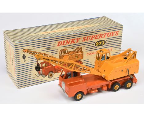 French Dinky Toys 972 "Coles" Lorry Mounted Crane Truck -&nbsp; Orange body, deep yellow ballast and jib, light blue figures,