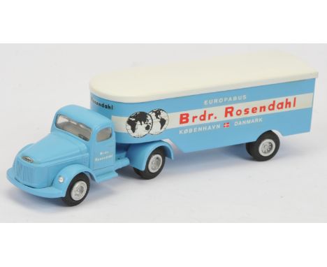 Tekno 435 Volvo Articulated Truck and Trailer "Brdr. Rosendahl", light blue cab, trailer, white roof, condition appears to be