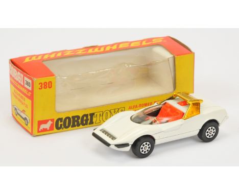 Corgi Toys 380 Alfa-Romeo Pininfarina, White body and base, gold bar, orange interior and whizzwheels, Excellent, within Good