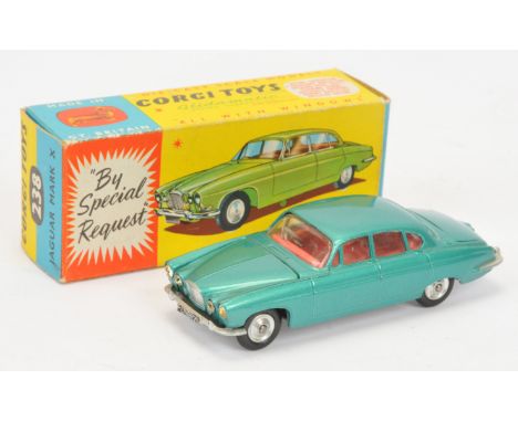 Corgi Toys 238 Jaguar Mark X, Metallic Green, red interior, silver trim, spun hubs, both suitcases, condition appears to be G