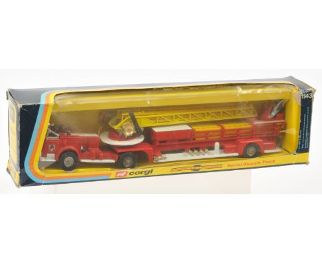 Corgi Toys 1143 Aerial Rescue Truck, Red including cast hubs, chrome platforms, yellow ladders with figures, condition genera
