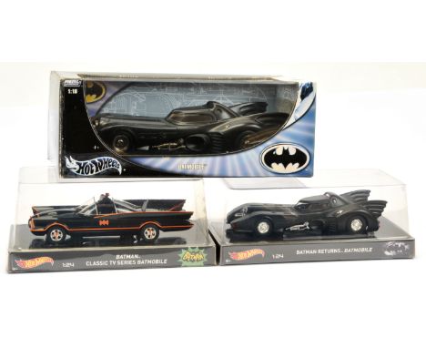 Mattel Hot Wheels 1:18 &amp; 1:24 Scale Boxed Batman Batmobile Group, to include 1:18 scale 1989 Batmobile, 1:24 scale Classi