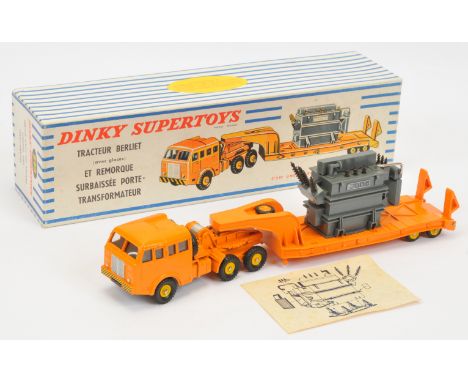 French Dinky Toys 898 Berliet Low Loader with Transformer Load, Orange unit and trailer, yellow concave hubs, silver reel and