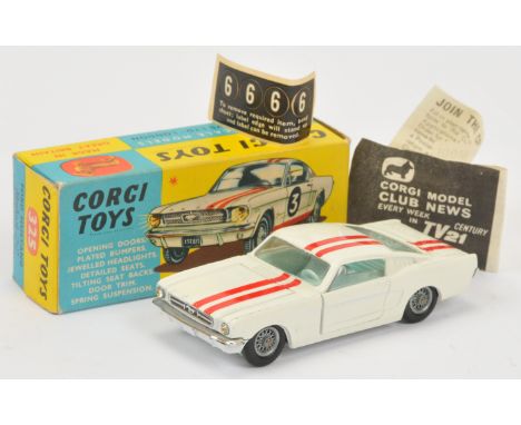 Corgi Toys 325 Ford Mustang Fastback 2+2 Competition Model, White body with red stripes, pale blue interior, chrome trim and 