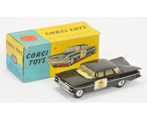 Corgi Toys 223 Chevrolet Impala "State Patrol" Car, black body, lemon interior, silver trim and side flashes, aerial and flat