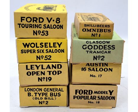 Varney 1:76 Scale White Metal Model Kits, to include No.53 Ford V8 Touring Saloon, No.2 Glasgow Goddess Tramcar, and others, 